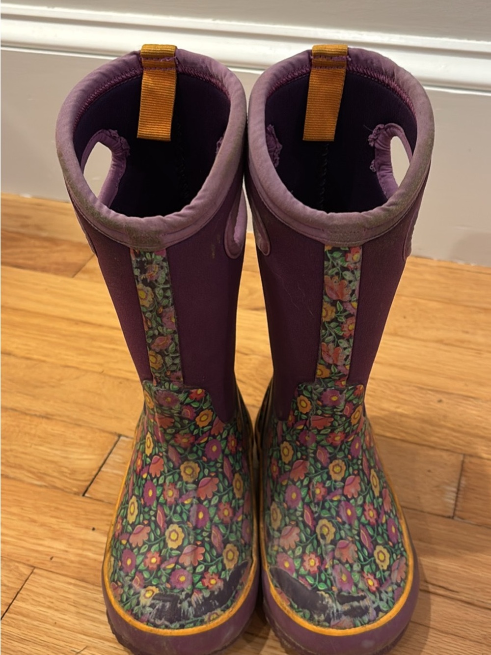 Bogs, Purple Floral Kids Rain Boots, Size 10
